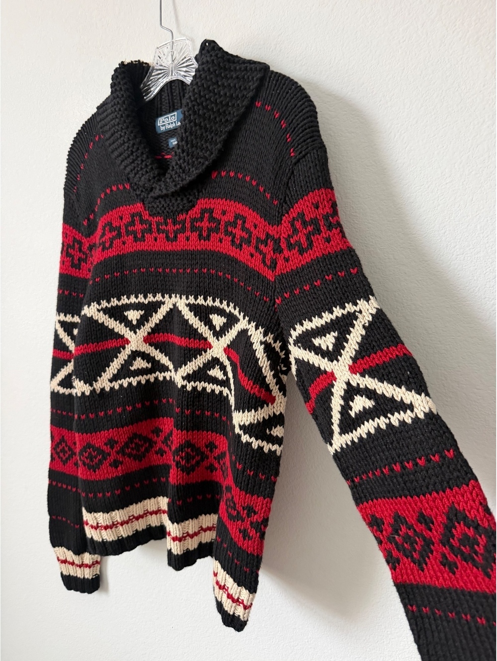 Ralph Lauren VTG 100%Cotton Hand Knit Shawl Neck Aztec Pattern Sweater Size L - Picture 4 of 8